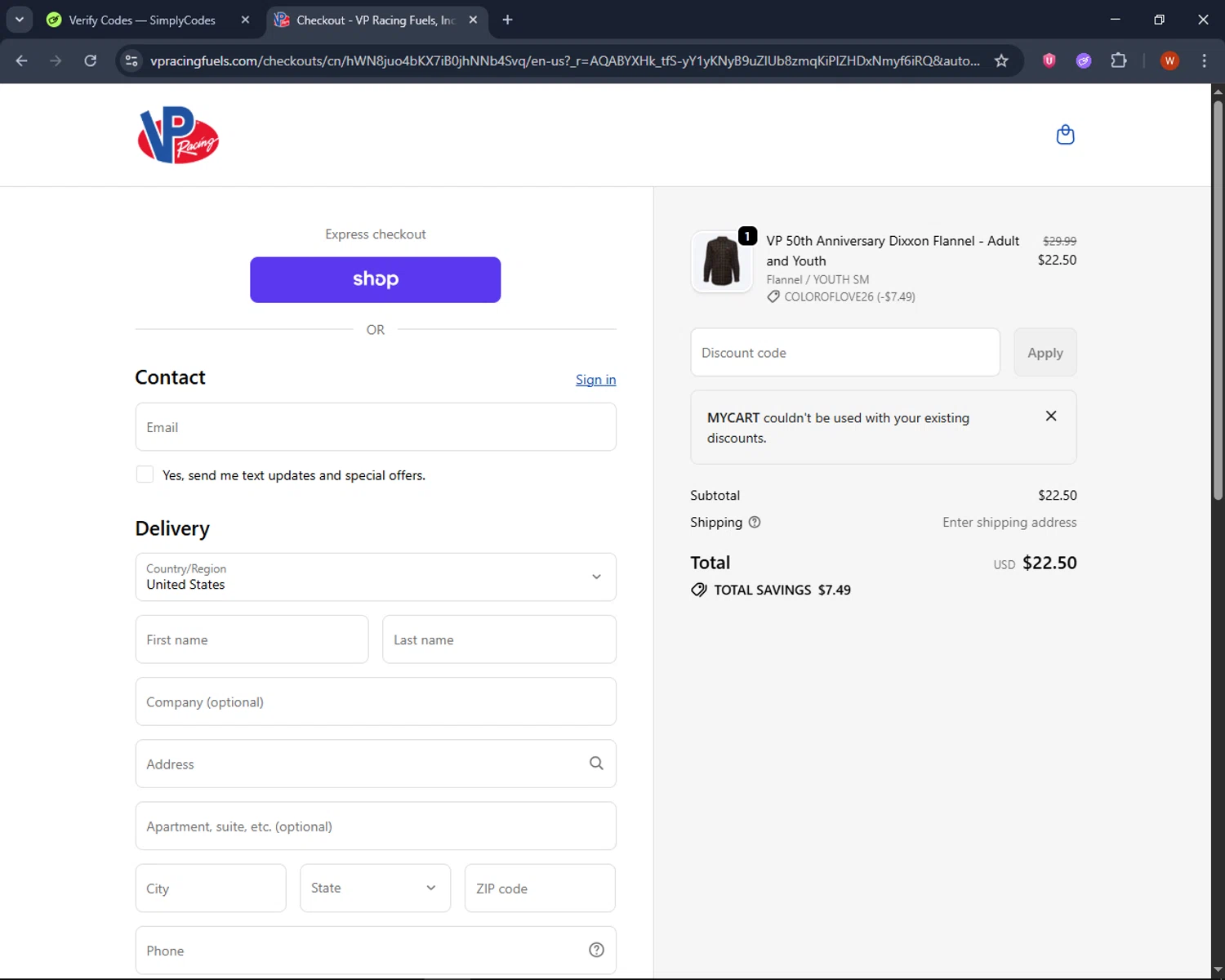 VP Racing Fuels checkout page showing VP Racing Fuels promo code box | Screenshot taken by SimplyCodes community member on Feb 13, 2026