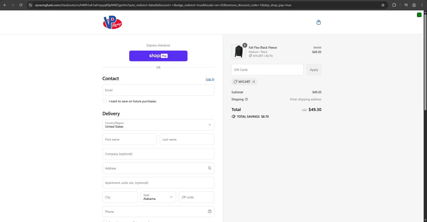 VP Racing Fuels promo code screenshot showing code MYCART applied at VP Racing Fuels checkout page. Uploaded by SimplyCodes community member megagei on Aug 17, 2025