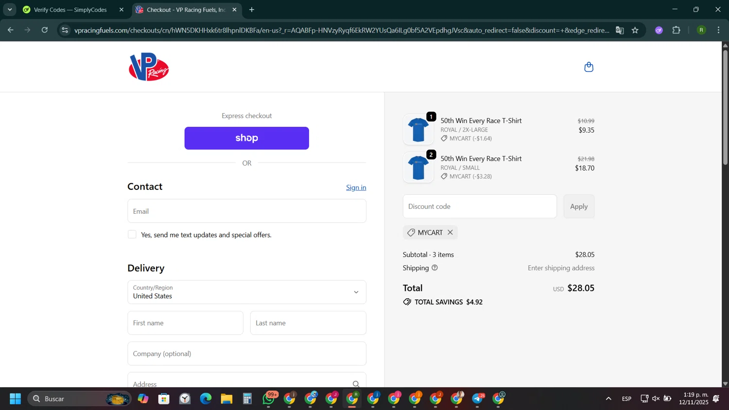 VP Racing Fuels promo code screenshot showing code MYCART applied at VP Racing Fuels checkout page. Uploaded by SimplyCodes community member ValiantCaptain1358 on Nov 12, 2025