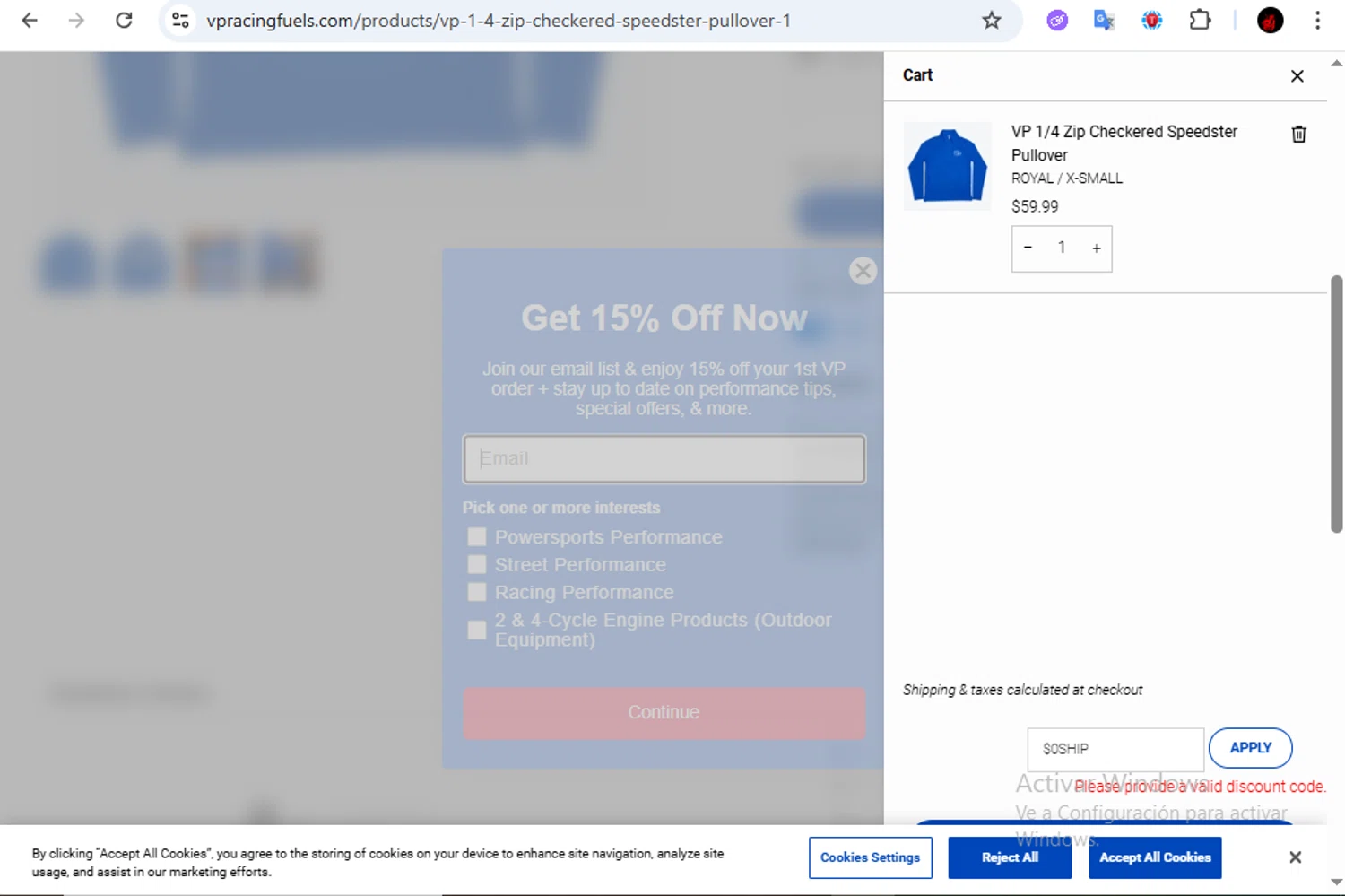 VP Racing Fuels promo code screenshot showing code $0SHIP applied at VP Racing Fuels checkout page. Uploaded by SimplyCodes community member Francisco01 on Aug 19, 2025