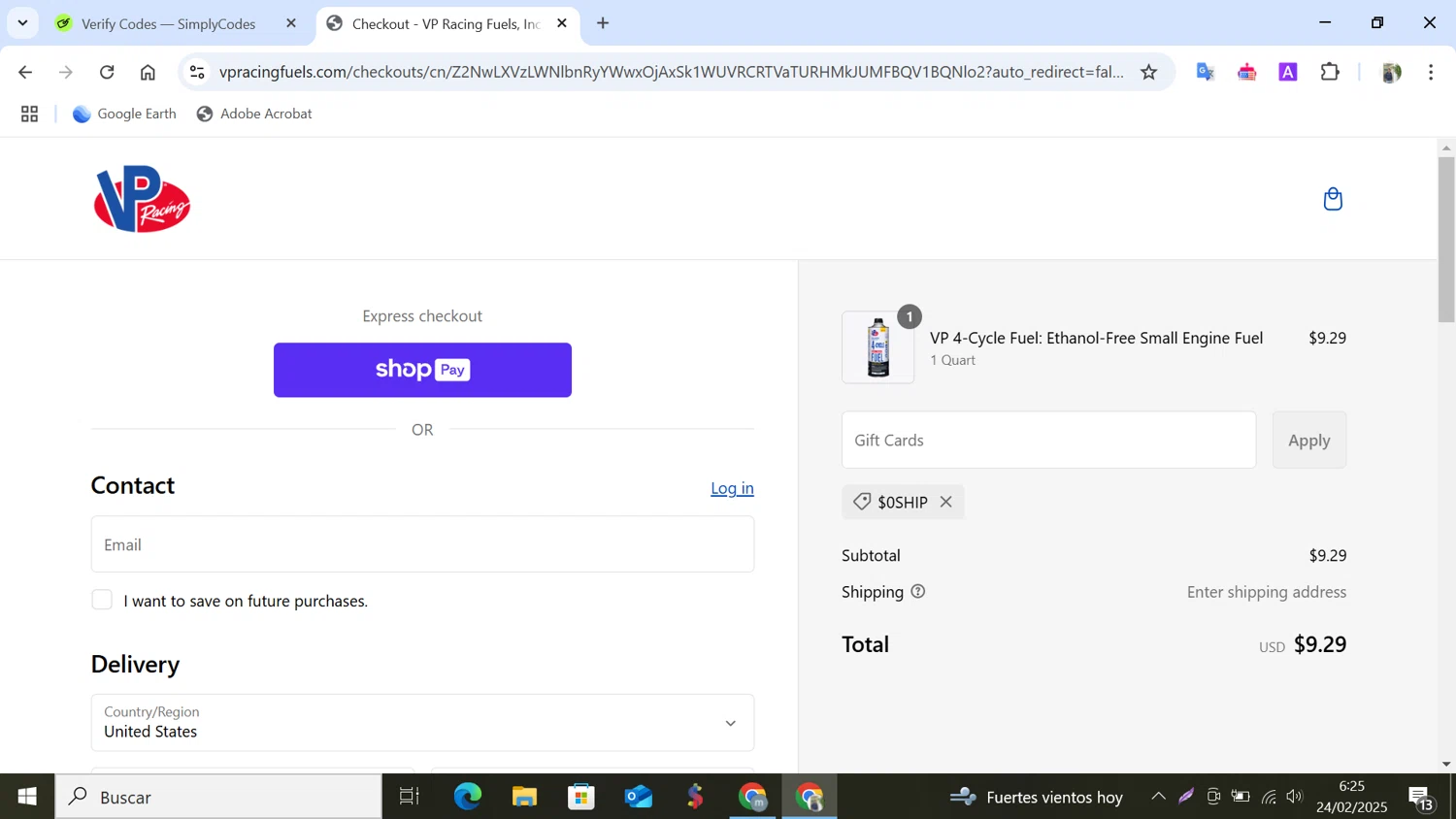 VP Racing Fuels promo code screenshot showing code $0SHIP applied at VP Racing Fuels checkout page. Uploaded by SimplyCodes community member NobleMonarch5837 on Feb 24, 2025