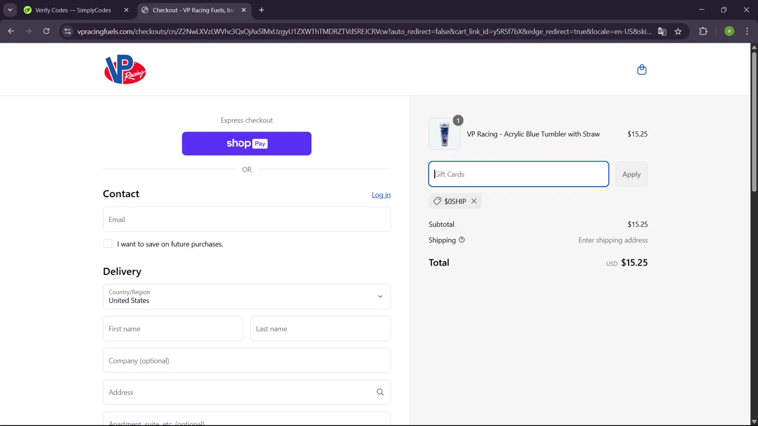 VP Racing Fuels promo code screenshot showing code $0SHIP applied at VP Racing Fuels checkout page. Uploaded by SimplyCodes community member SavingsHero9122 on Apr 17, 2025