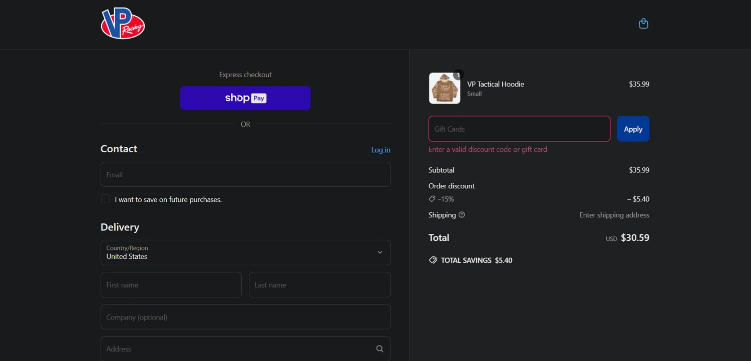 VP Racing Fuels promo code screenshot showing code WELCOME15 applied at VP Racing Fuels checkout page. Uploaded by SimplyCodes community member Ray_YNN on Apr 20, 2025