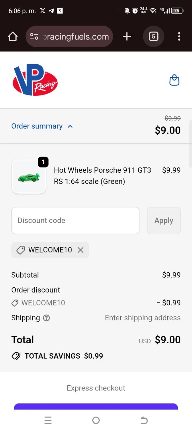 VP Racing Fuels promo code screenshot showing code Welcome10 applied at VP Racing Fuels checkout page. Uploaded by SimplyCodes community member kellymoreno on Nov 16, 2025