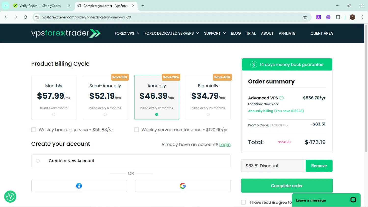 Forex VPS hosting promo code screenshot showing code EACODER15 applied at Forex VPS hosting checkout page. Uploaded by SimplyCodes community member CodeMaverick246 on May 9, 2025