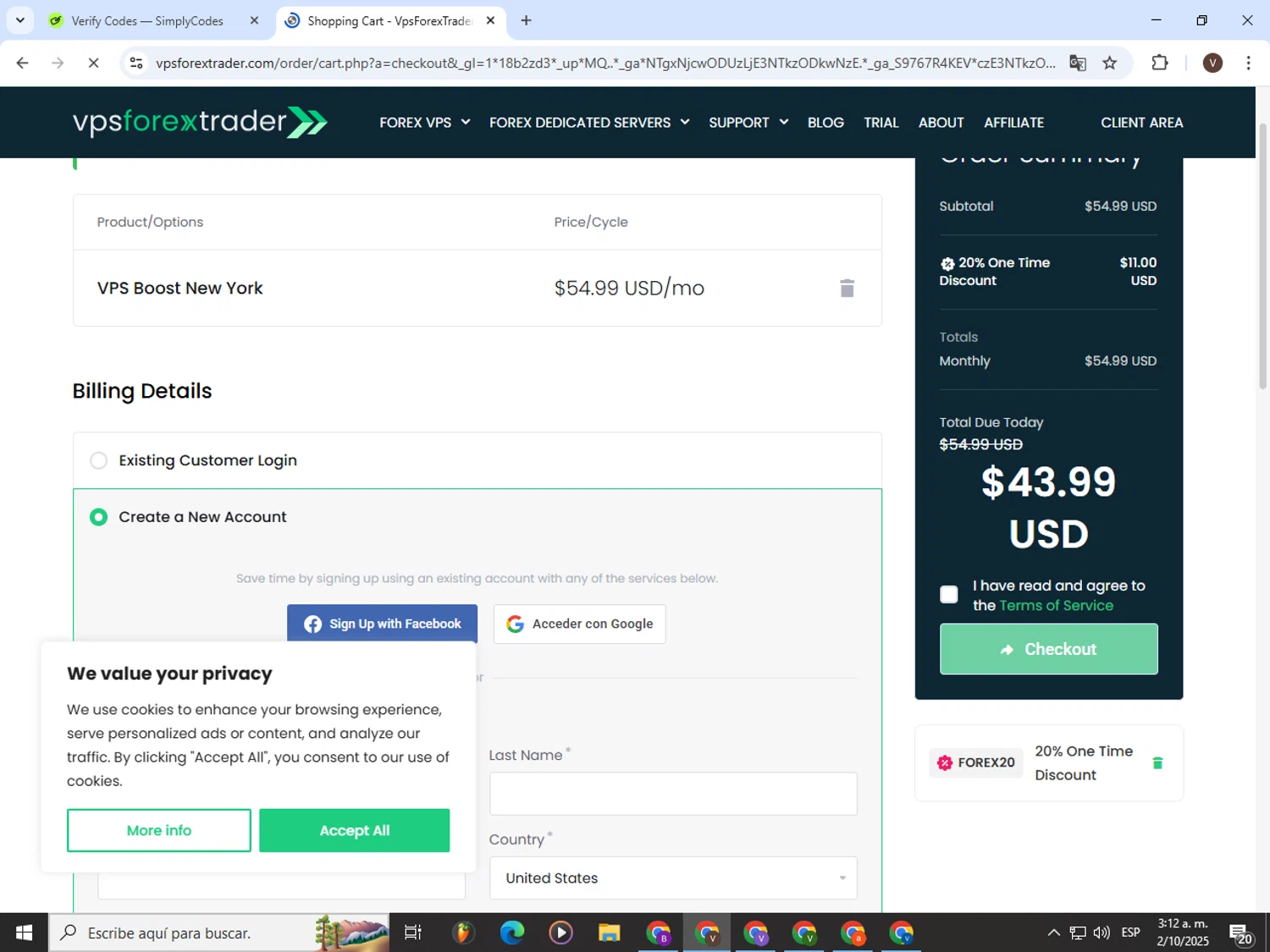 Forex VPS hosting checkout page showing Forex VPS hosting promo code box | Screenshot taken by SimplyCodes community member on Oct 2, 2025