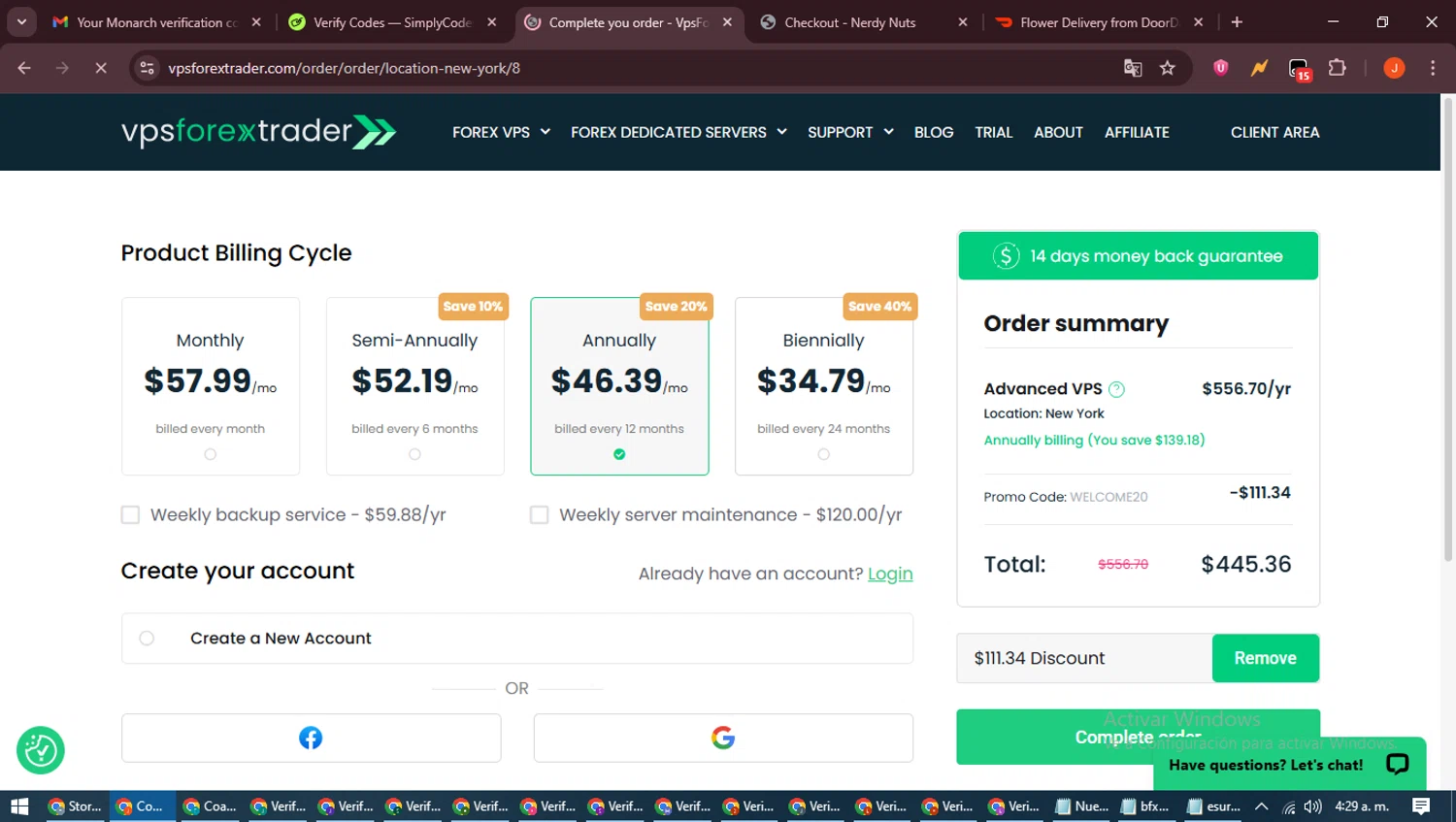 Forex VPS hosting promo code screenshot showing code WELCOME20 applied at Forex VPS hosting checkout page. Uploaded by SimplyCodes community member NobleAce2304 on Jun 17, 2025