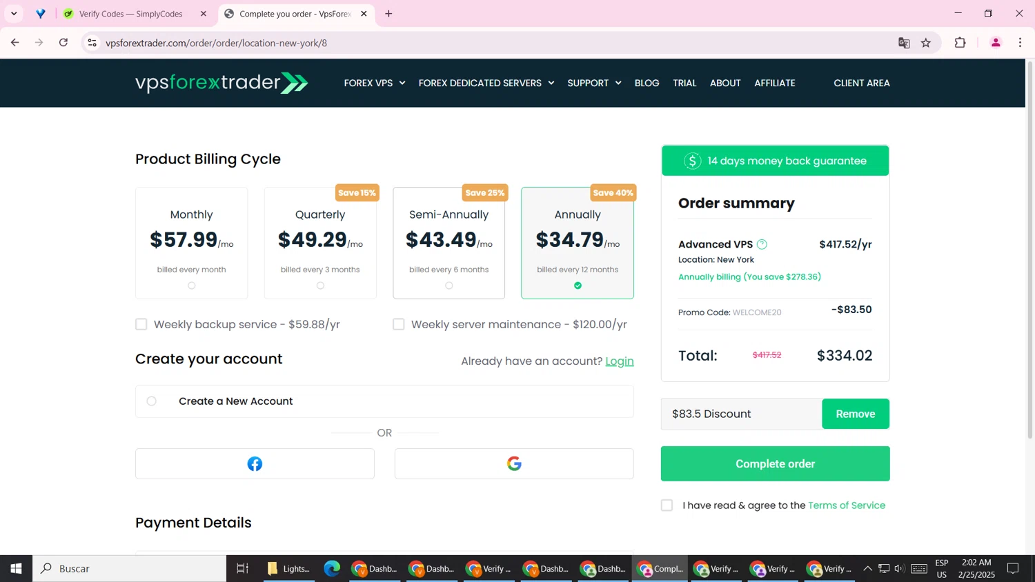Forex VPS hosting promo code screenshot showing code WELCOME20 applied at Forex VPS hosting checkout page. Uploaded by SimplyCodes community member CashNavigator4063 on Feb 25, 2025