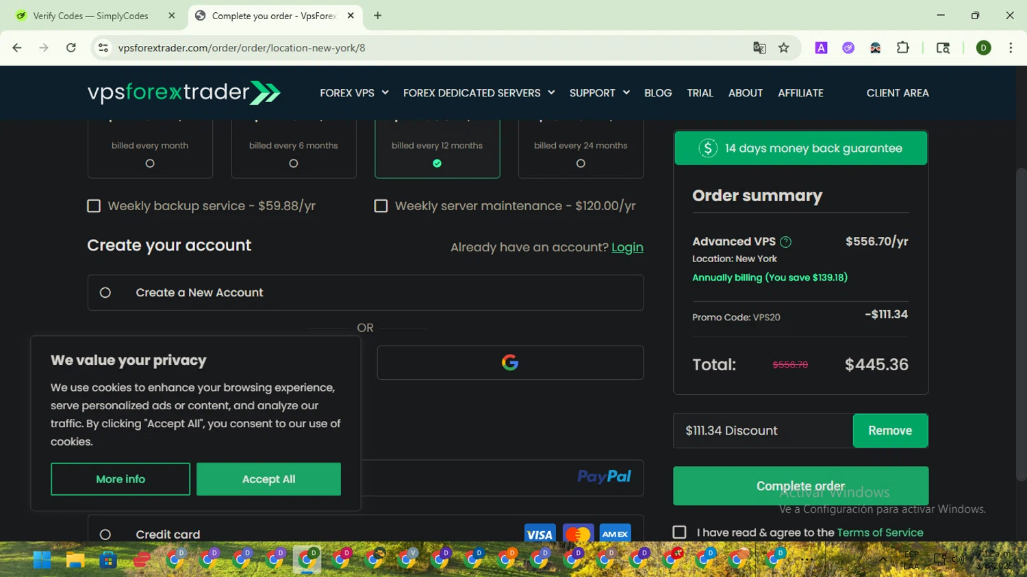 Forex VPS hosting promo code screenshot showing code VPS20 applied at Forex VPS hosting checkout page. Uploaded by SimplyCodes community member BargainGuardian5495 on Jun 3, 2025