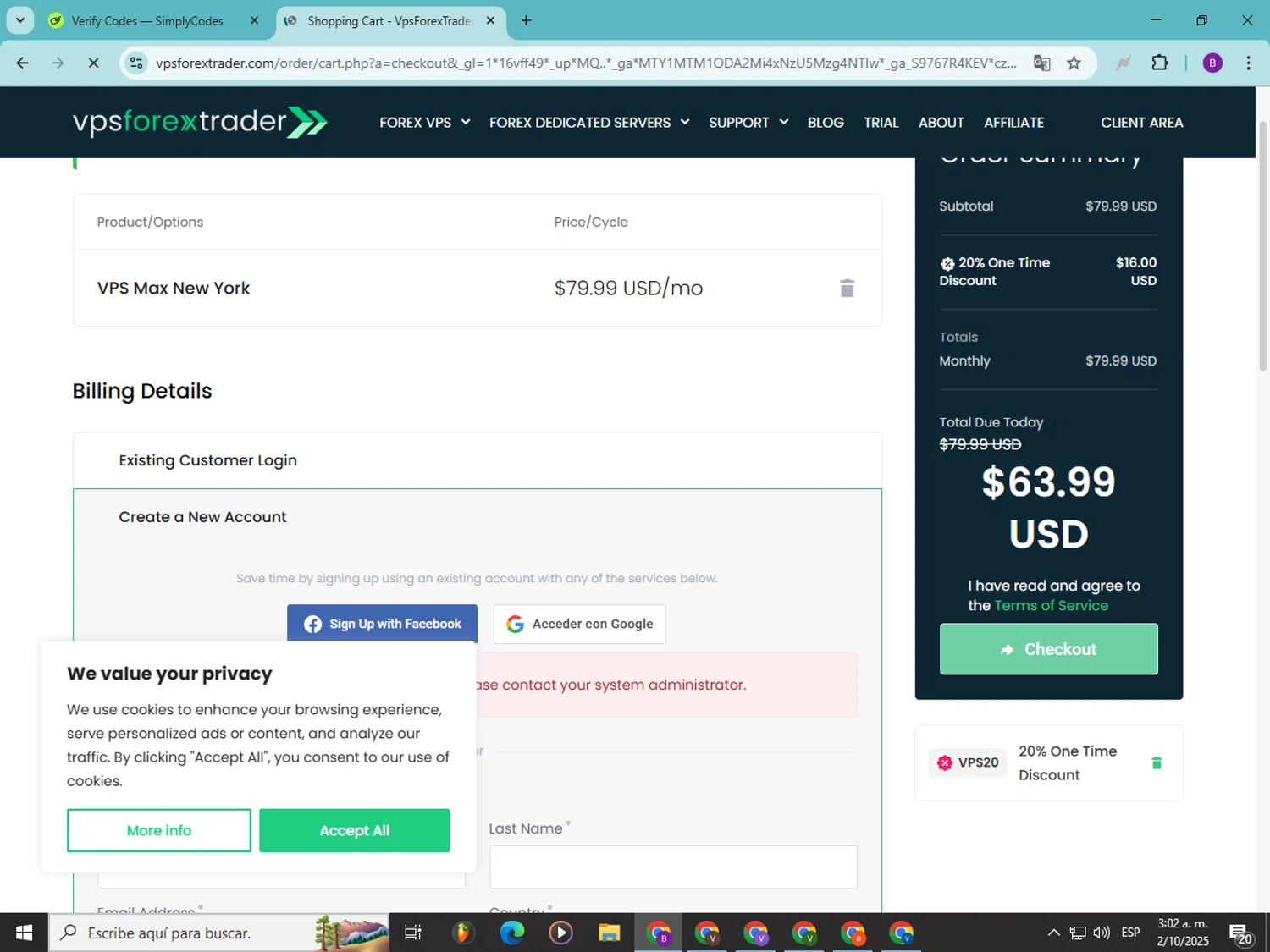 Forex VPS hosting promo code screenshot showing code VPS20 applied at Forex VPS hosting checkout page. Uploaded by SimplyCodes community member Soyvictor on Oct 2, 2025