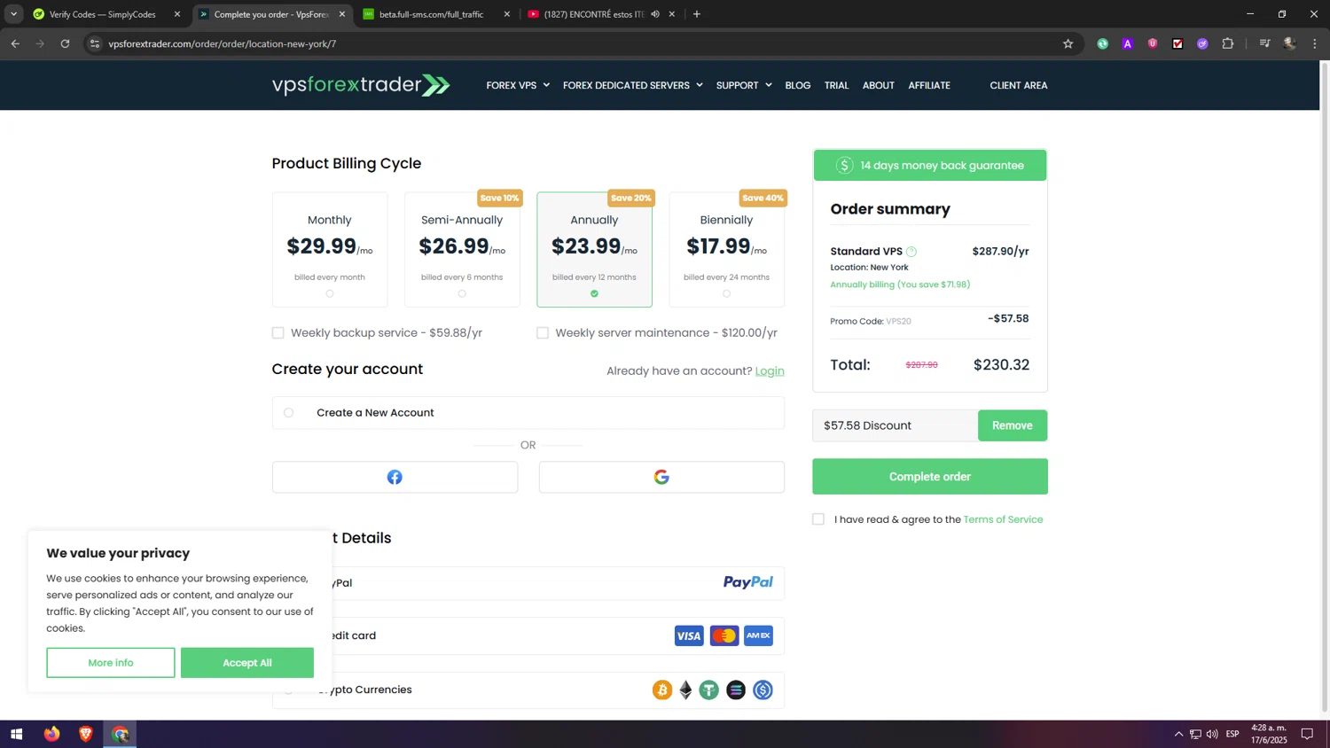 Forex VPS hosting promo code screenshot showing code VPS20 applied at Forex VPS hosting checkout page. Uploaded by SimplyCodes community member eliaskao on Jun 17, 2025