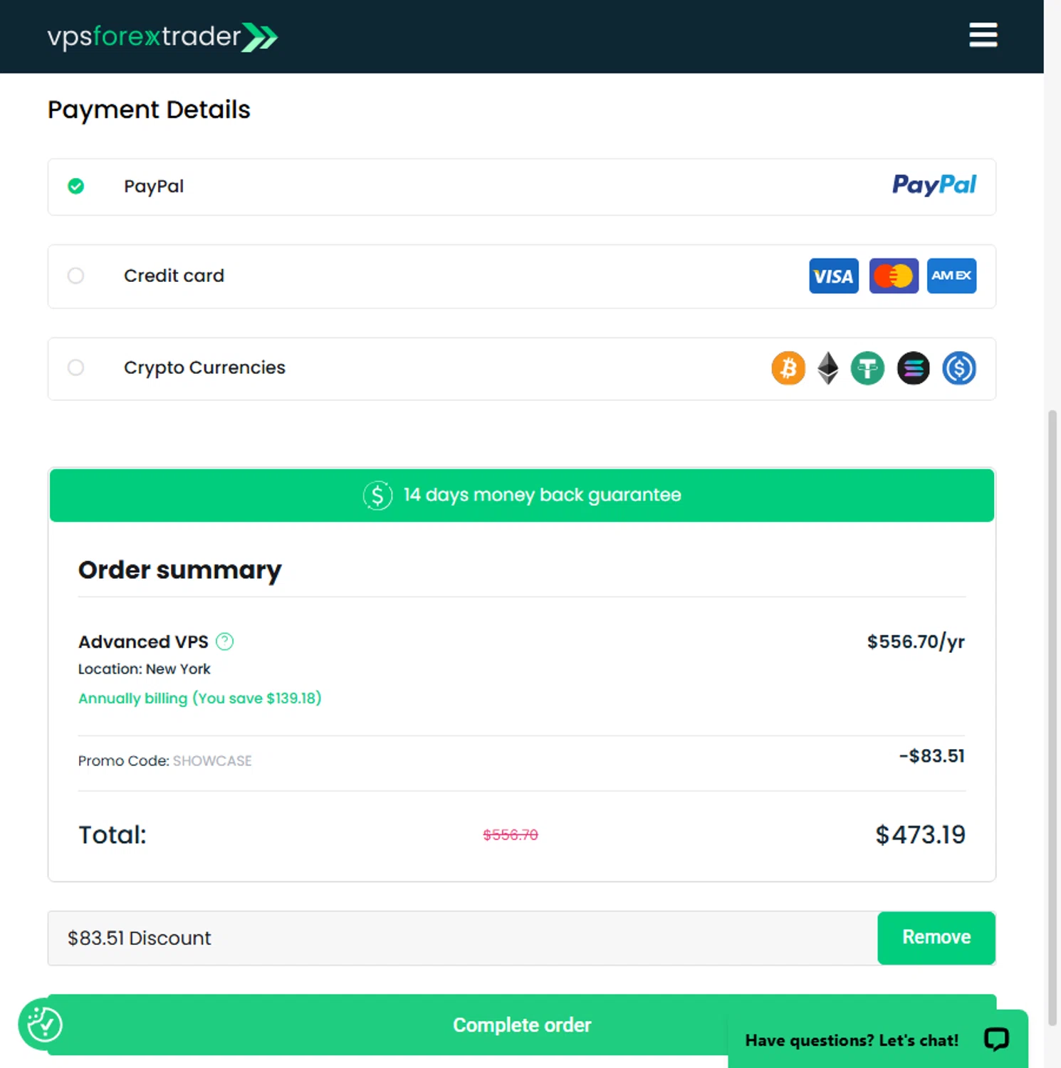 Forex VPS hosting promo code screenshot showing code SHOWCASE applied at Forex VPS hosting checkout page. Uploaded by SimplyCodes community member Beaaalmera on Jun 20, 2025