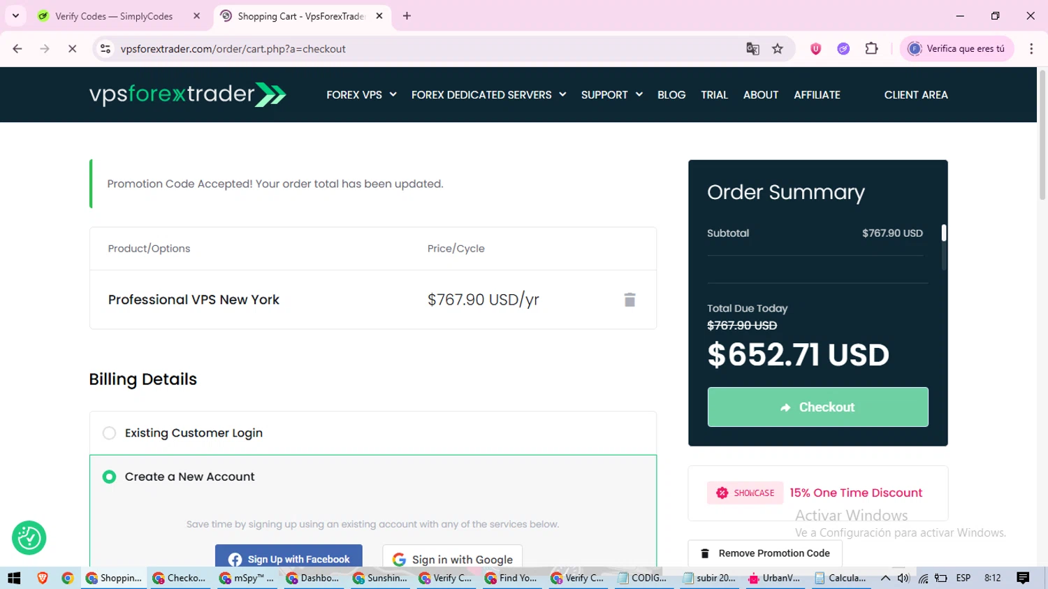 Forex VPS hosting promo code screenshot showing code SHOWCASE applied at Forex VPS hosting checkout page. Uploaded by SimplyCodes community member loversuper on Aug 17, 2025