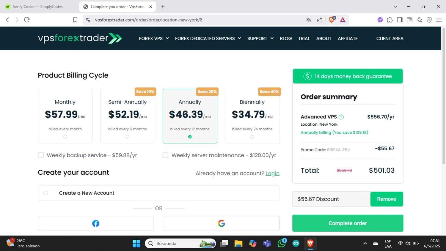 Forex VPS hosting promo code screenshot showing code 610BKAJZ6V applied at Forex VPS hosting checkout page. Uploaded by SimplyCodes community member Juanchoo on May 6, 2025