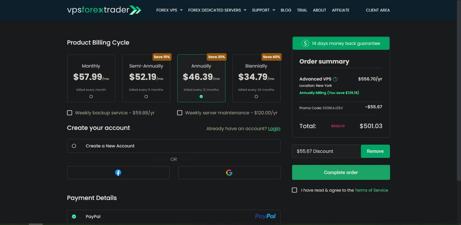 Forex VPS hosting promo code screenshot showing code 610BKAJZ6V applied at Forex VPS hosting checkout page. Uploaded by SimplyCodes community member Nor_man on Jul 3, 2025