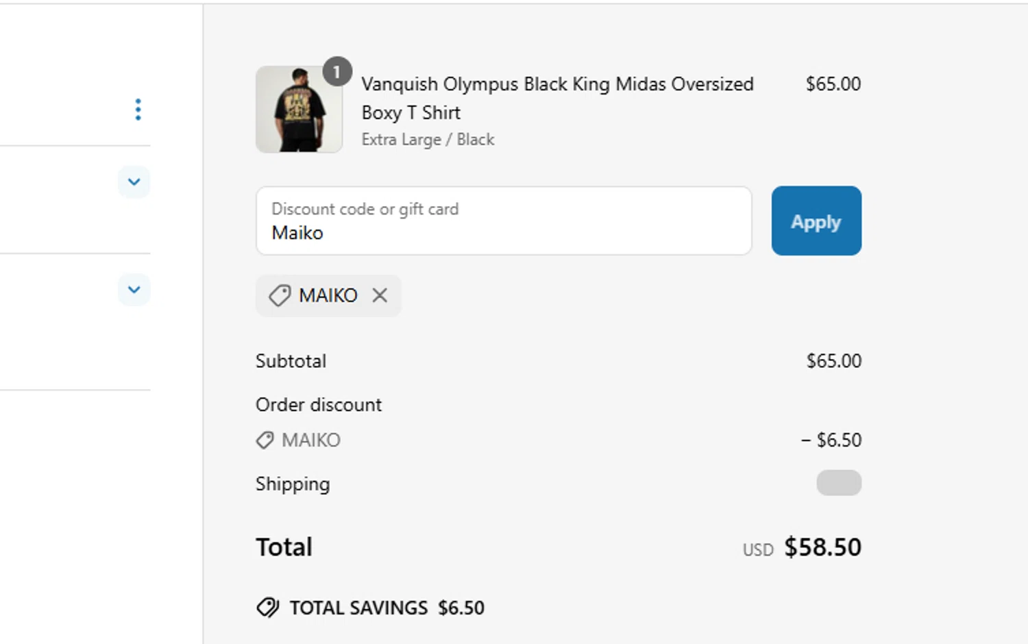 Vanquish Fitness discount code screenshot showing code Maiko applied at Vanquish Fitness checkout page. Uploaded by SimplyCodes community member Fish3r on Jun 5, 2025