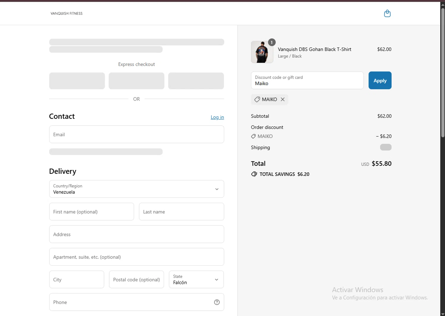 Vanquish Fitness discount code screenshot showing code Maiko applied at Vanquish Fitness checkout page. Uploaded by SimplyCodes community member FortunateDefender7285 on Aug 13, 2025