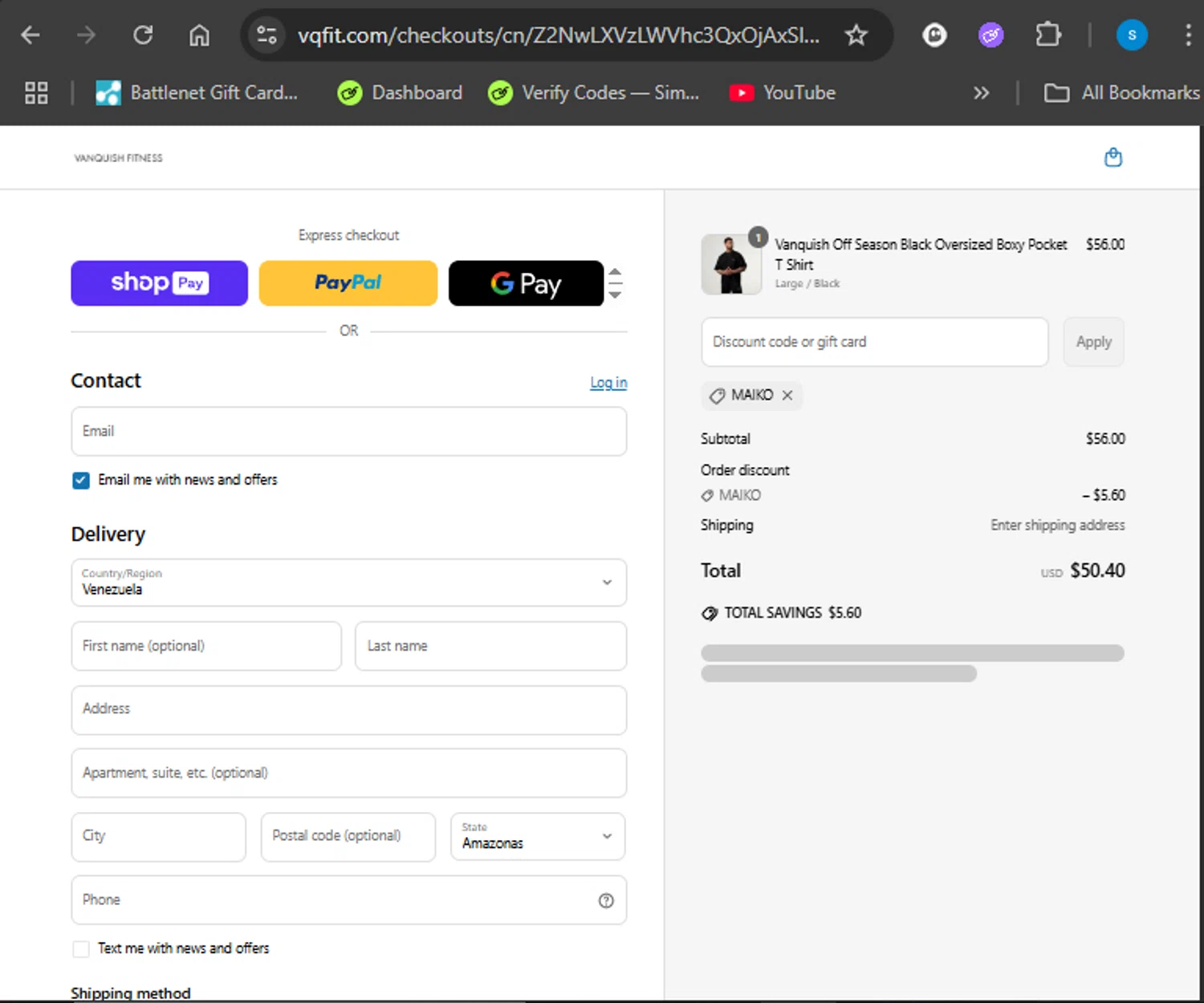 Vanquish Fitness discount code screenshot showing code Maiko applied at Vanquish Fitness checkout page. Uploaded by SimplyCodes community member Giyuuu on May 25, 2025