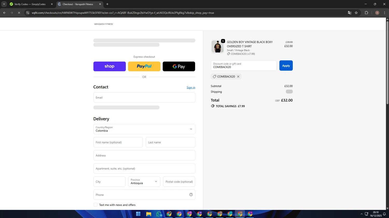 Vanquish Fitness discount code screenshot showing code COMEBACK20 applied at Vanquish Fitness checkout page. Uploaded by SimplyCodes community member Kaizen on Dec 17, 2025