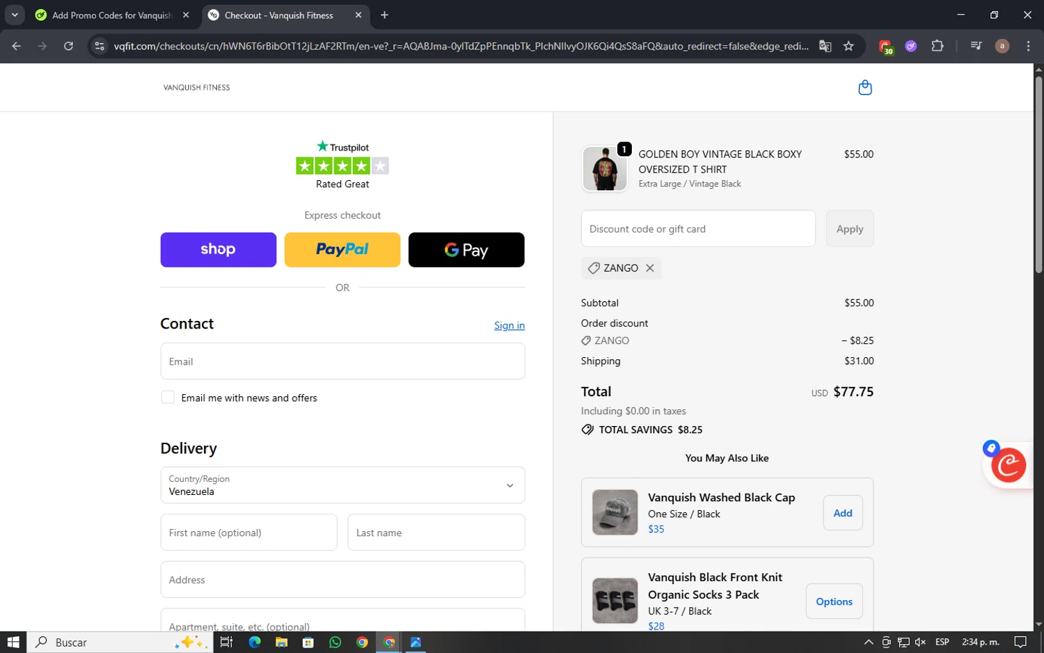 Vanquish Fitness discount code screenshot showing code ZANGO applied at Vanquish Fitness checkout page. Uploaded by SimplyCodes community member CrownGuardian8660 on Dec 15, 2025