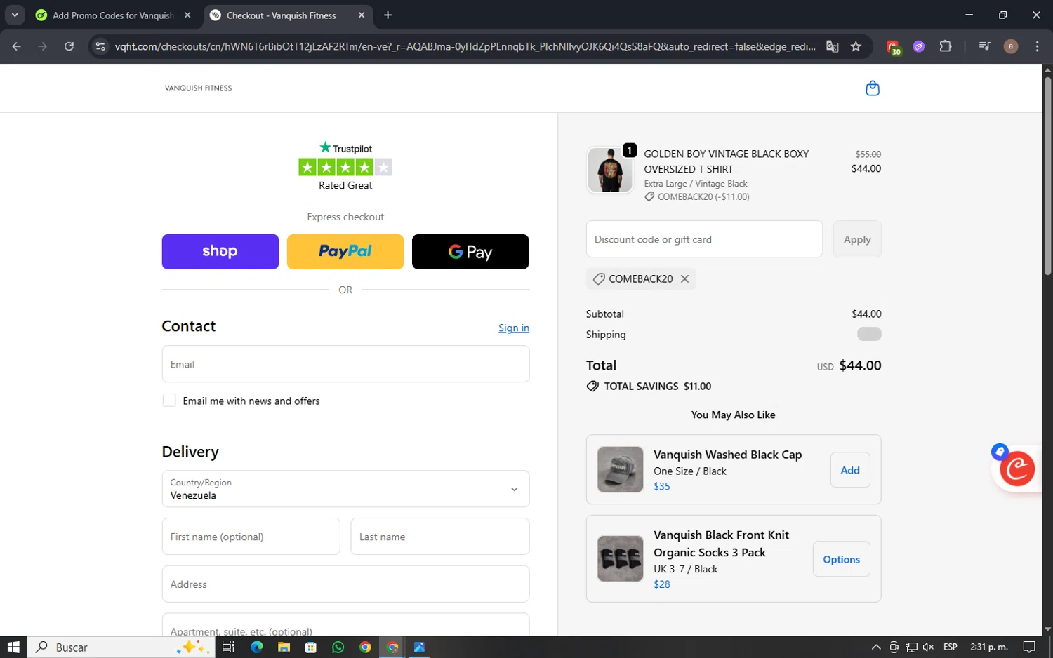 Vanquish Fitness discount code screenshot showing code COMEBACK20 applied at Vanquish Fitness checkout page. Uploaded by SimplyCodes community member CrownGuardian8660 on Dec 15, 2025