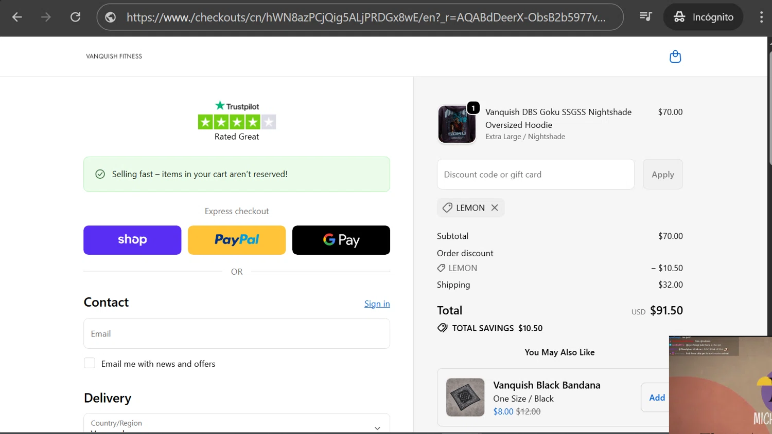 Vanquish Fitness discount code screenshot showing code LEMON applied at Vanquish Fitness checkout page. Uploaded by SimplyCodes community member anosesmith on Feb 9, 2026