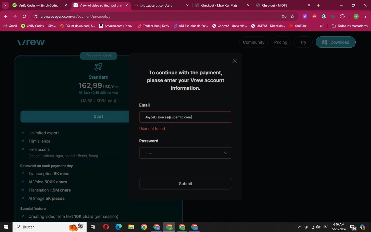 Vrew checkout page showing Vrew promo code box | Screenshot taken by SimplyCodes community member on May 22, 2024