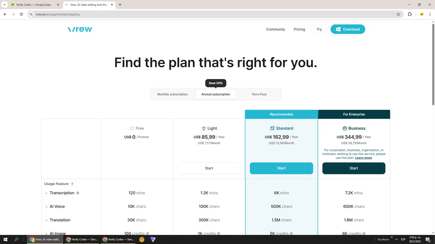 Vrew promo code screenshot showing code TAKE20 applied at Vrew checkout page. Uploaded by SimplyCodes community member Richard251 on Mar 30, 2025