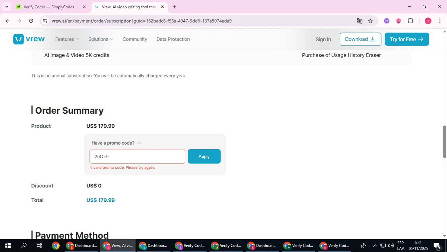 Vrew promo code screenshot showing code 25OFF applied at Vrew checkout page. Uploaded by SimplyCodes community member ScanExpert2824 on Nov 5, 2025