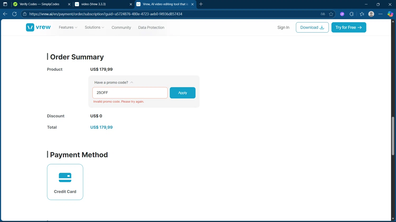 Vrew promo code screenshot showing code 25OFF applied at Vrew checkout page. Uploaded by SimplyCodes community member steve_jeff on Nov 5, 2025
