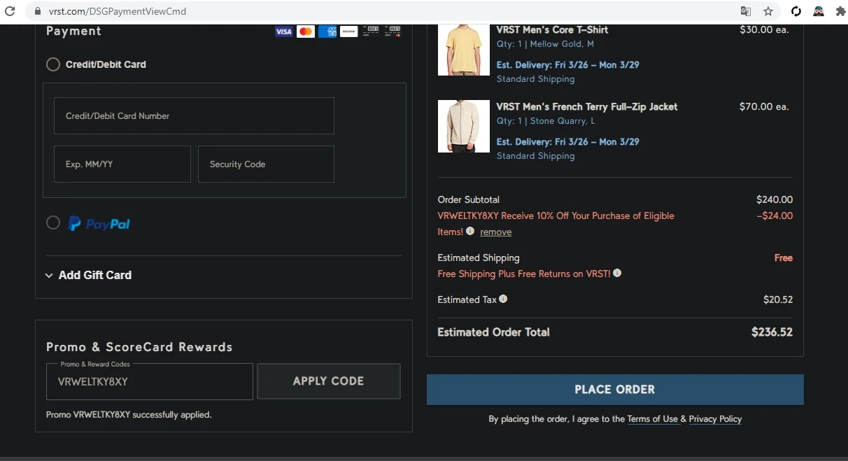 VRST checkout page showing VRST promo code box | Screenshot taken by SimplyCodes community member on Mar 20, 2021