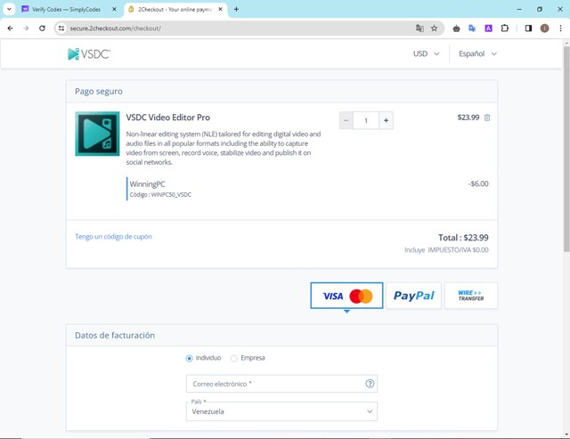 VSDC checkout page showing VSDC coupon code box | Screenshot taken by SimplyCodes community member on Feb 27, 2024