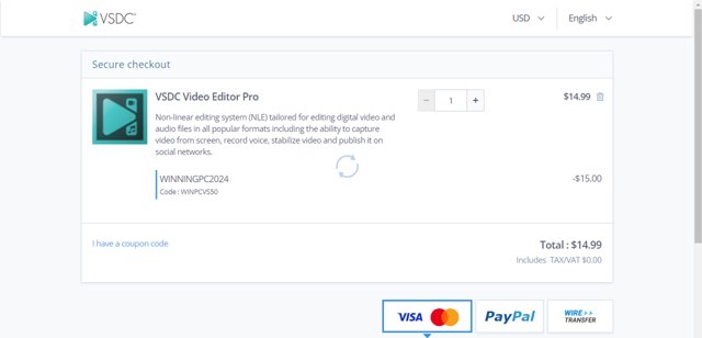 VSDC checkout page showing VSDC coupon code box | Screenshot taken by SimplyCodes community member on Apr 30, 2024