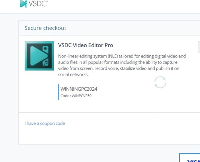 VSDC checkout page showing VSDC coupon code box | Screenshot taken by SimplyCodes community member on Apr 16, 2024