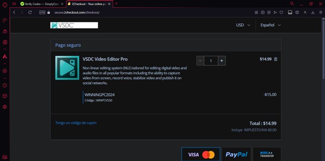 VSDC checkout page showing VSDC coupon code box | Screenshot taken by SimplyCodes community member on Aug 23, 2024