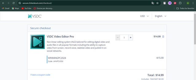 VSDC checkout page showing VSDC coupon code box | Screenshot taken by SimplyCodes community member on Jun 27, 2024