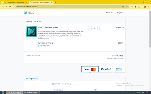 VSDC checkout page showing VSDC coupon code box | Screenshot taken by SimplyCodes community member on Nov 13, 2024