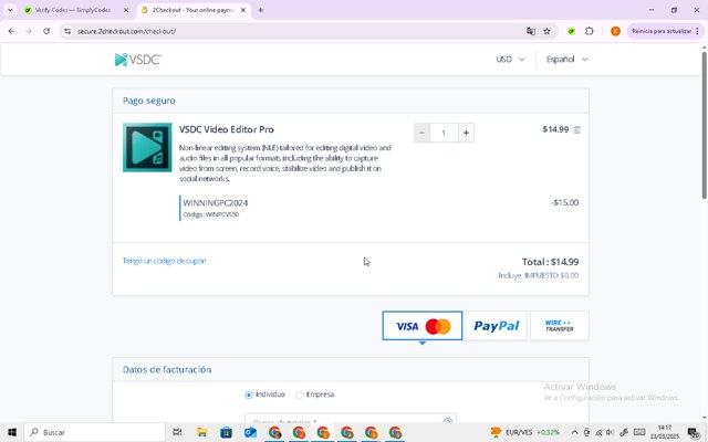 VSDC checkout page showing VSDC coupon code box | Screenshot taken by SimplyCodes community member on Mar 23, 2025