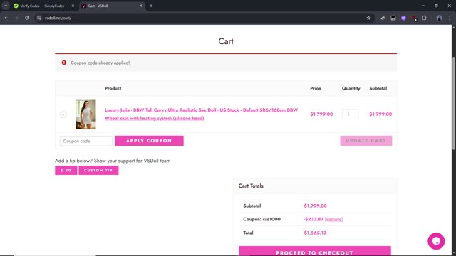 VSDoll checkout page showing VSDoll discount code box | Screenshot taken by SimplyCodes community member on Aug 9, 2025