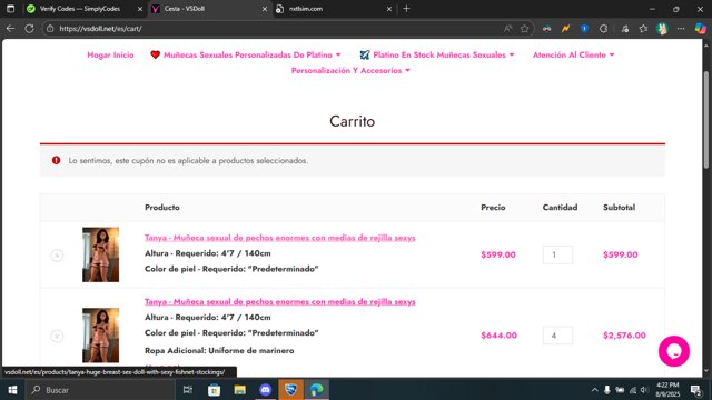 VSDoll checkout page showing VSDoll discount code box | Screenshot taken by SimplyCodes community member on Aug 9, 2025