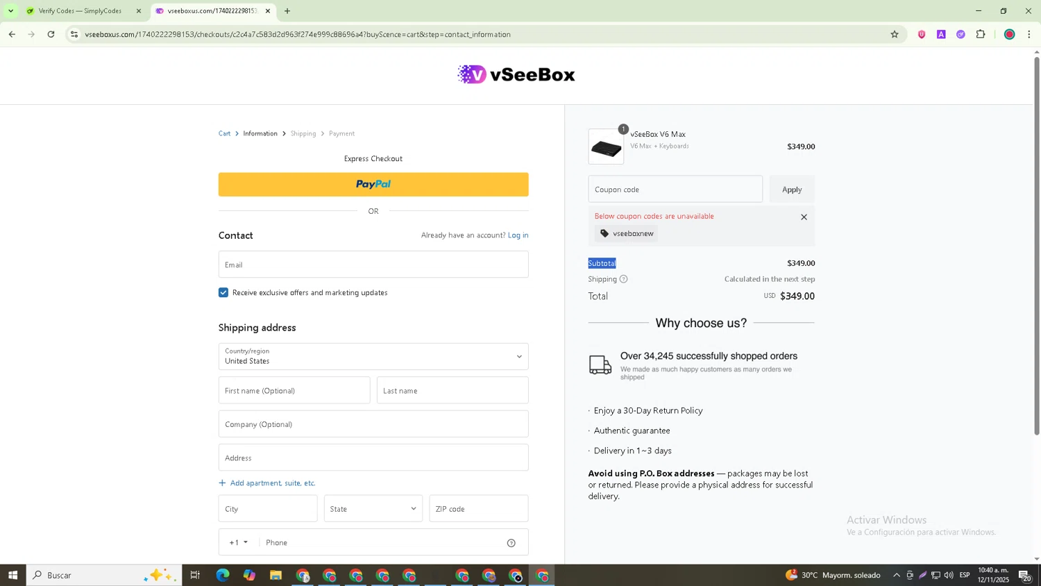 vSeeBox US promo code screenshot showing code VSEEBOXNEW applied at vSeeBox US checkout page. Uploaded by SimplyCodes community member Joseph_Davis on Nov 12, 2025