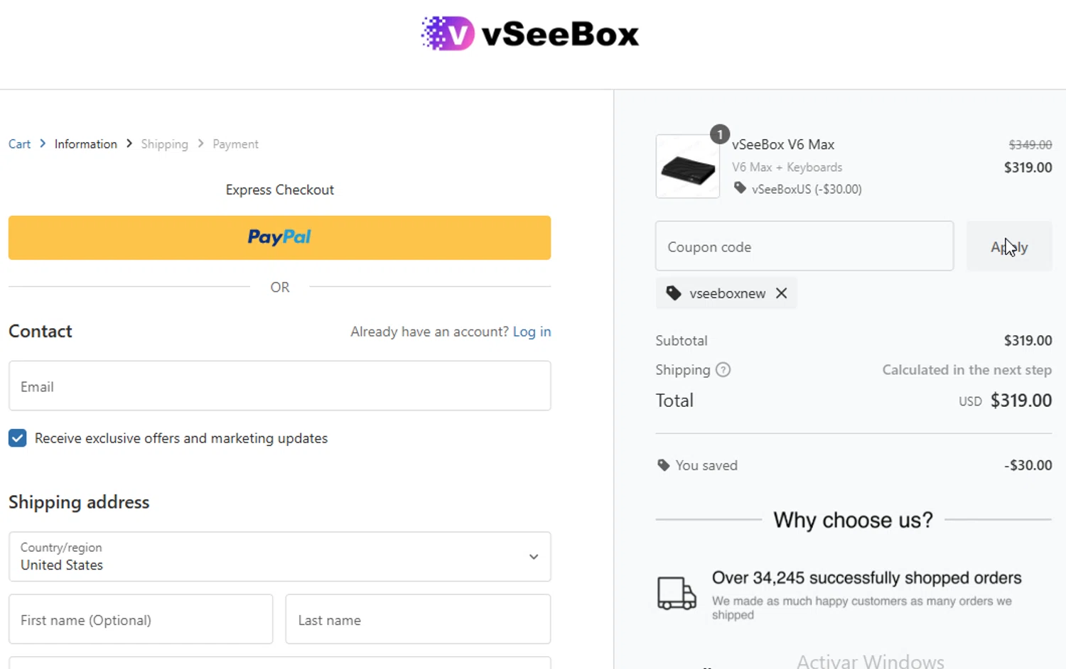 vSeeBox US promo code screenshot showing code VSEEBOXNEW applied at vSeeBox US checkout page. Uploaded by SimplyCodes community member ligthYA on Jan 10, 2026