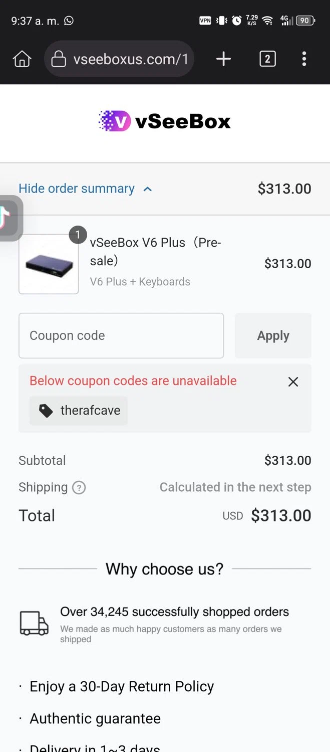 vSeeBox US promo code screenshot showing code THERAFCAVE applied at vSeeBox US checkout page. Uploaded by SimplyCodes community member Diego_Soto on Nov 28, 2025