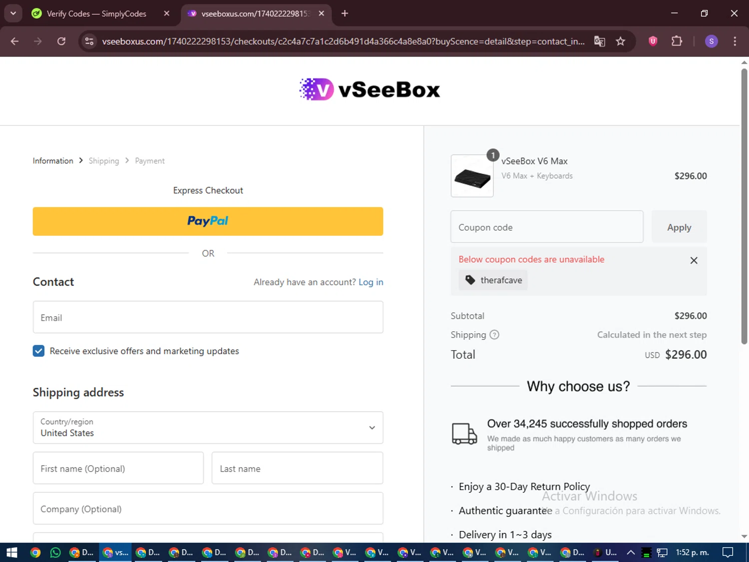 vSeeBox US promo code screenshot showing code THERAFCAVE applied at vSeeBox US checkout page. Uploaded by SimplyCodes community member LuckyVoyager688 on Nov 20, 2025