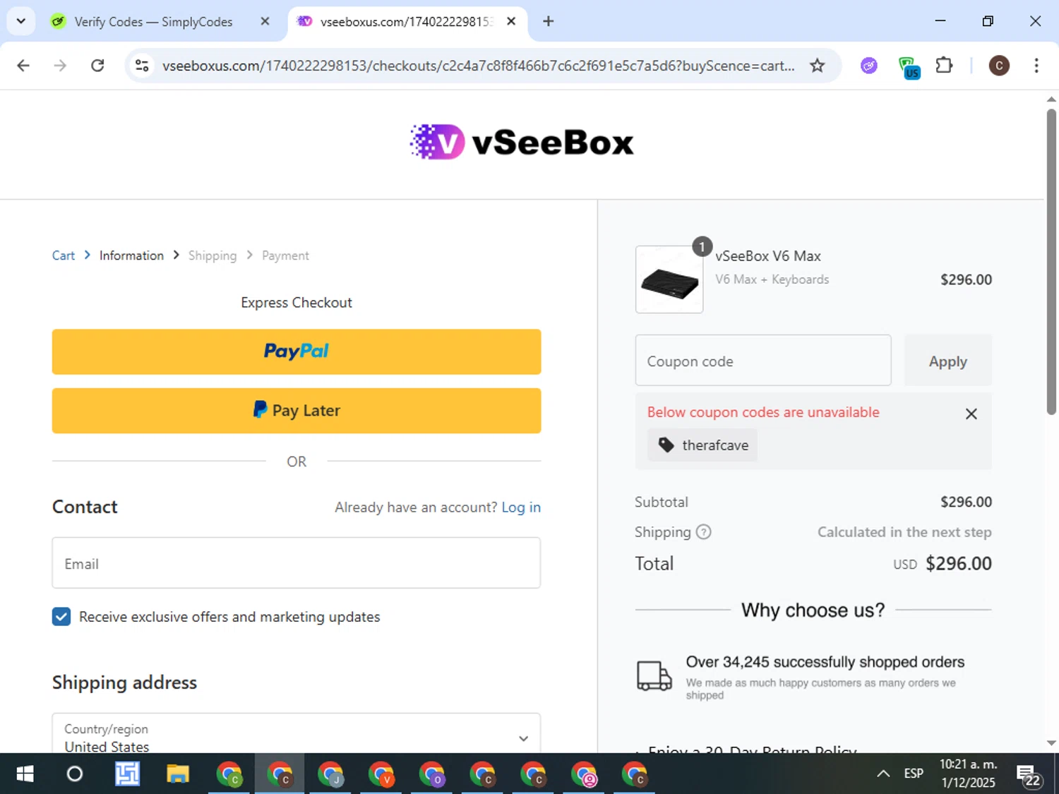 vSeeBox US promo code screenshot showing code THERAFCAVE applied at vSeeBox US checkout page. Uploaded by SimplyCodes community member TreasureFox8596 on Dec 1, 2025