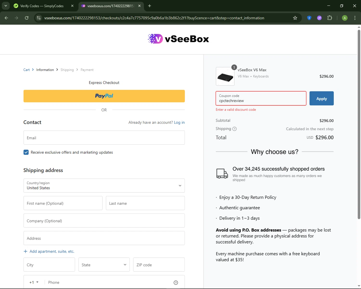 vSeeBox US promo code screenshot showing code cpctechreview applied at vSeeBox US checkout page. Uploaded by SimplyCodes community member MagnificentSaver708 on Nov 25, 2025