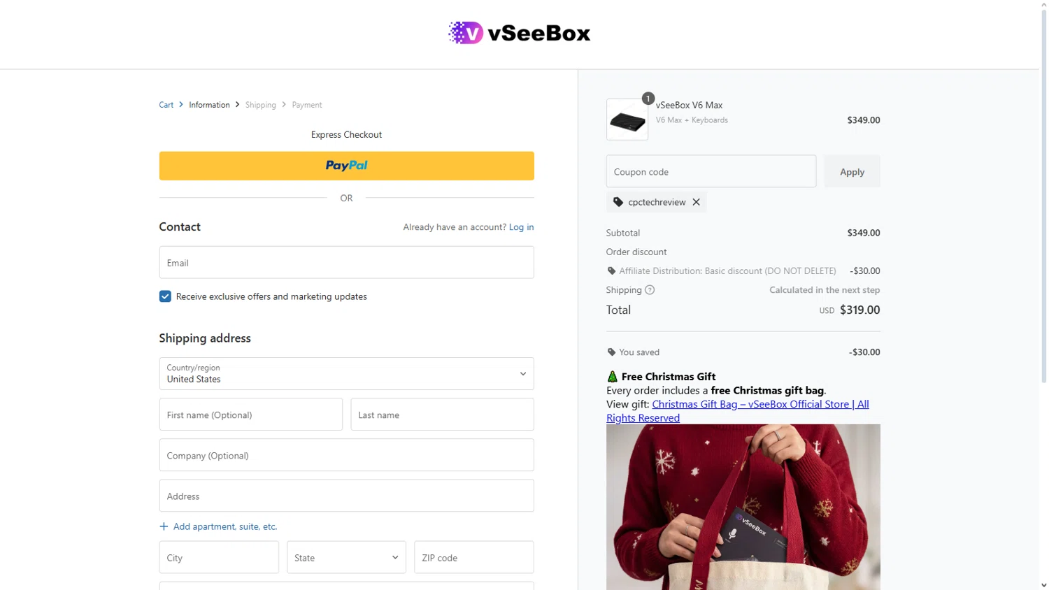 vSeeBox US promo code screenshot showing code cpctechreview applied at vSeeBox US checkout page. Uploaded by SimplyCodes community member RickhiK on Dec 28, 2025