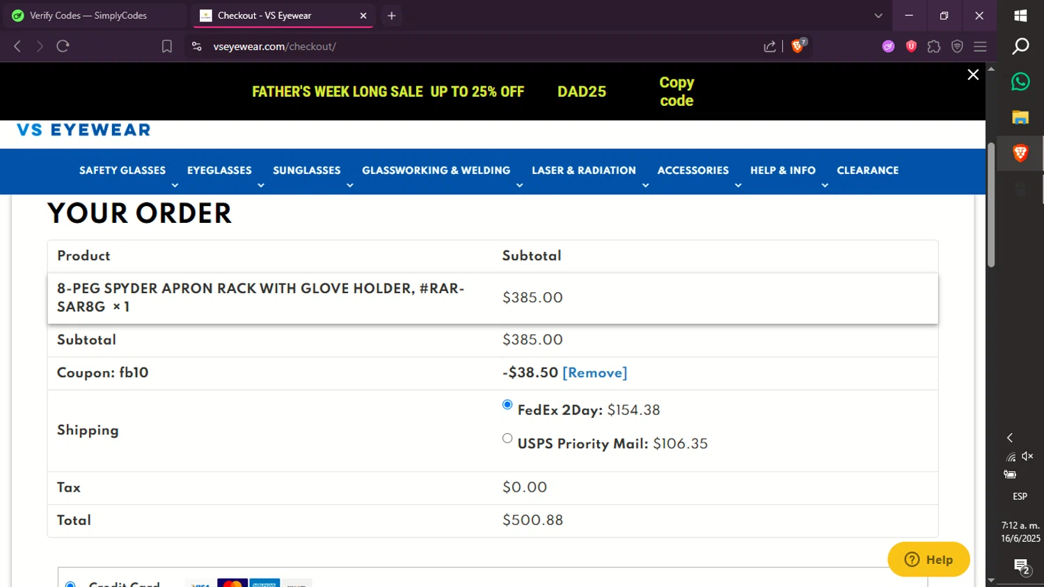 VS Eyewear discount code screenshot showing code FB10 applied at VS Eyewear checkout page. Uploaded by SimplyCodes community member xXdevoragoticas69Xx on Jun 16, 2025