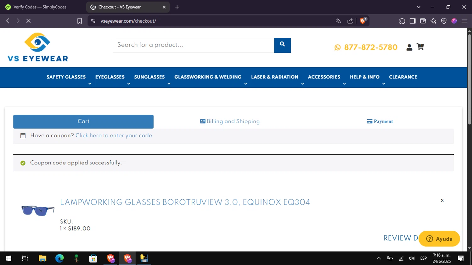 VS Eyewear discount code screenshot showing code FB20 applied at VS Eyewear checkout page. Uploaded by SimplyCodes community member Mangoverde on Jun 24, 2025