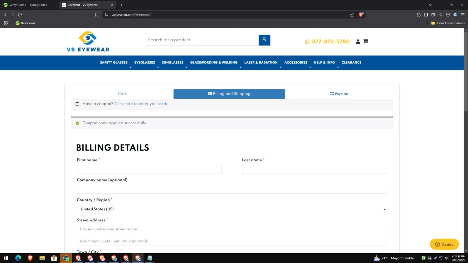 VS Eyewear discount code screenshot showing code FB20 applied at VS Eyewear checkout page. Uploaded by SimplyCodes community member PrimeExpert2544 on Mar 30, 2025